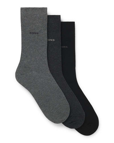 Three pairs of BOSS socks in gray, black, and dark gray on a white background