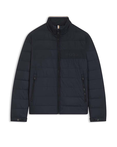 A BOSS Cenitos Quilted Jacket, Dark Blue with a stand-up collar, front zipper, and zippered side pockets, shown against a plain white background.