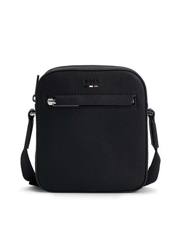BOSS Crossbody Reporter Bag in Black with a brand logo on a white background