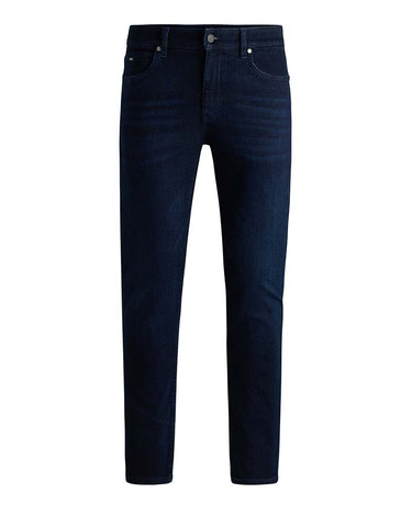 A pair of BOSS Delaware Slim Fit Jeans in Navy shown flat against a solid white background.