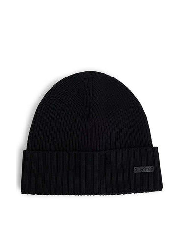 BOSS Fati Virgin Wool Beanie, Black with a brand logo on a white background