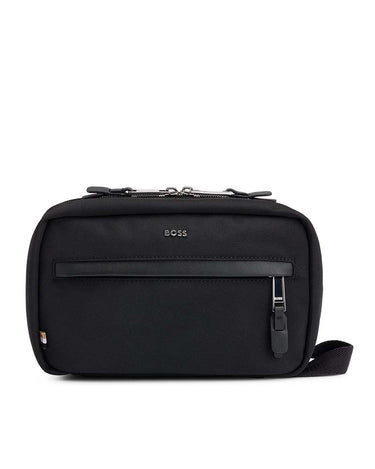 A BOSS Highway Logo Washbag, Black with a front zippered pocket, top zippered compartment, and a small shoulder strap, shown against a plain white background.