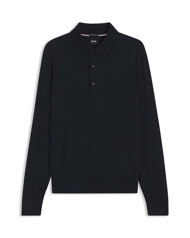 A dark BOSS Lancione Merino Polo Jumper, Dark Blue sweater with a three-button placket, displayed flat against a plain white background.