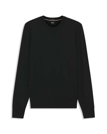 A BOSS Leno Merino Crew Neck Jumper, Black with a small tonal embroidered logo on the left chest, displayed flat against a white background.