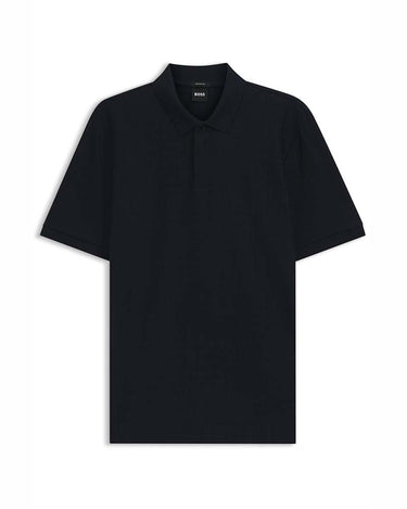 A BOSS Parlay Jacquard Polo Shirt, Dark Blue with a classic collar, displayed flat against a clean white background.