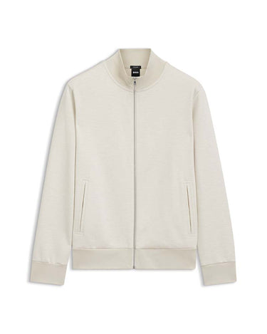 A BOSS Siza Full Zip Sweatshirt, Off White with a ribbed collar, cuffs, and hem, displayed flat against a white background.