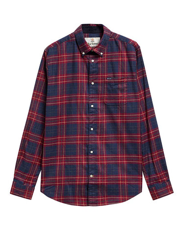 A long-sleeve button-down flannel shirt by Barbour, featuring a red and navy blue plaid pattern with white buttons and a chest pocket.