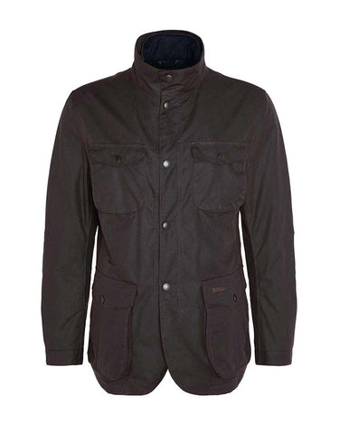 A Barbour Ogston Waxed Jacket in Rustic Brown with a stand-up collar, button front, and four front pockets, shown on a plain white background.