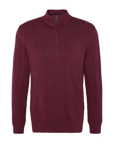 A men's Barbour Tisbury Half Zip Jumper in Ruby sweater in a heathered burgundy or maroon knit, featuring a mock neck collar with a small metal ring detail at the zipper pull, shown against a plain white background.