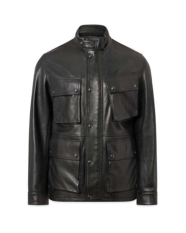 A Belstaff Competitor Leather Jacket, Black with a stand-up collar, snap-button front, and four front flap pockets, shown on a plain white background.