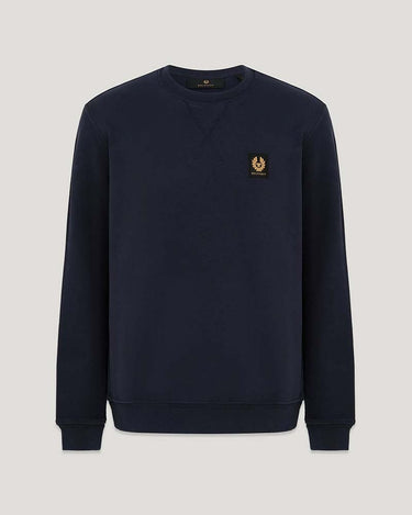 A Belstaff Crew Neck Sweatshirt, Dark Ink with a small gold embroidered logo on the left chest, displayed against a light gray background.