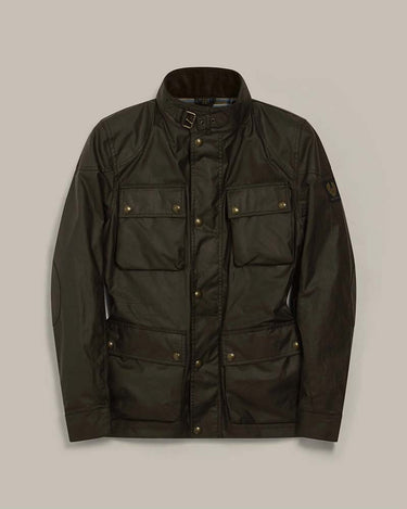 An Belstaff Fieldmaster Waxed Jacket, Olive with brass-tone snap buttons and flap pockets, displayed on a neutral light gray background.