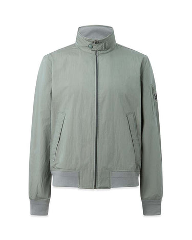 A Belstaff Overland Jacket, Atlantic Grey with a stand-up collar, ribbed cuffs and hem, and side pockets, shown against a plain white background.