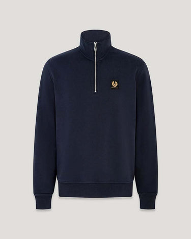 A Belstaff Quarter Zip Sweatshirt, Dark Inkwith a small gold embroidered logo on the left chest, displayed on a neutral light gray background.