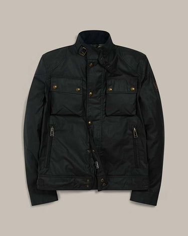 Belstaff Racemaster Waxed Jacket, Navy with gold buttons on a beige background