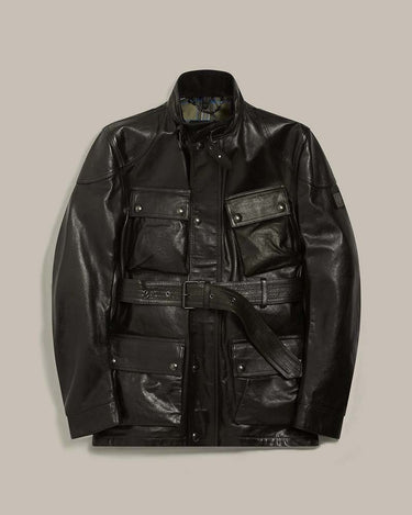 Belstaff Trialmaster Panther Leather Jacket on a beige background