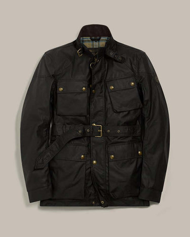 ABelstaff Trialmaster Waxed Jacket, Black with brass-tone snap buttons, flap pockets, and a matching waist belt, displayed flat against a neutral gray background.
