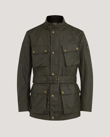 Belstaff Trialmaster Waxed Jacket, Olive with multiple pockets and buttons on a light gray background
