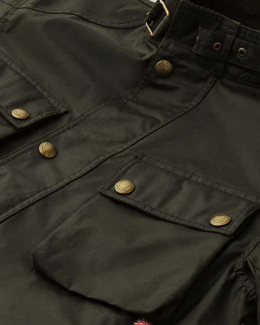 Close-up of a Belstaff Trialmaster Waxed Jacket, Olive with button details