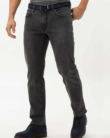 Person wearing Brax Cadiz Straight Fit Jeans, Grey with a white background