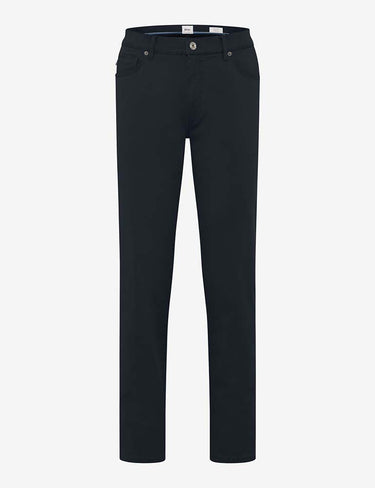 A pair of Brax Cadiz Straight Fit Trousers, Navy jeans shown flat against a light gray background.