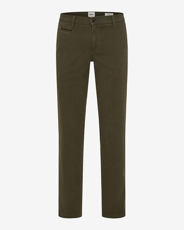 A pair of Brax Fabio Modern Fit Chinos in Olive slim-fit trousers shown flat against a light gray background.