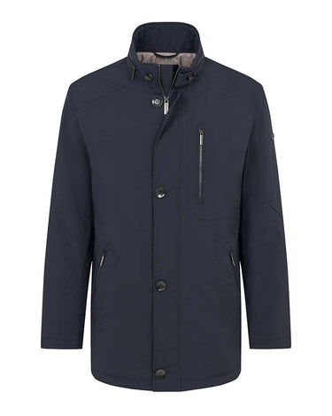 A Bugatti All-Season Jacket, Navy with a high stand-up collar, button front closure, and a vertical zippered chest pocket, shown against a plain white background.