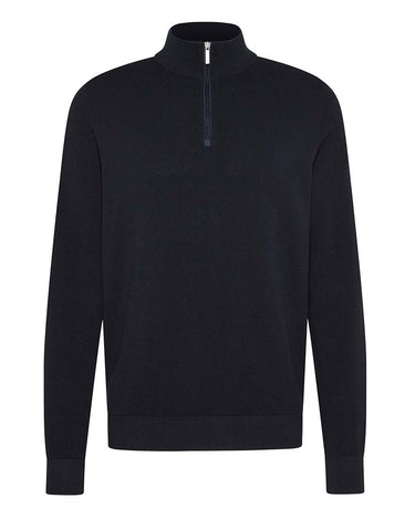 A Bugatti Half Zip Sweater, Navy with long sleeves, displayed against a white background.