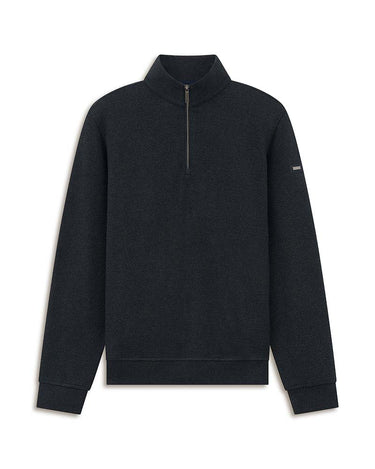 A Bugatti Modern Fit Half Zip Jumper, Olive green sweatshirt with a stand-up collar and ribbed cuffs, shown flat on a white background.
