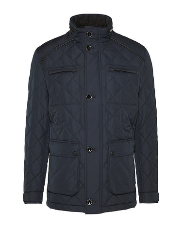 A Bugatti Quilted Field Jacket, Navy with a front zipper, hood, and quilted design on the sleeves and chest.