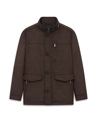 A Bugatti Regular Fit Casual Jacket, Brown with a stand collar, button front, and zippered pockets, shown flat on a white background.