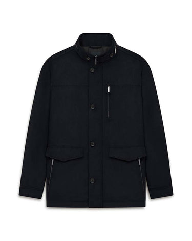 A Bugatti Regular Fit Casual Jacket, Navywith a stand collar, button-front closure, and zippered pockets, shown on a plain white background.
