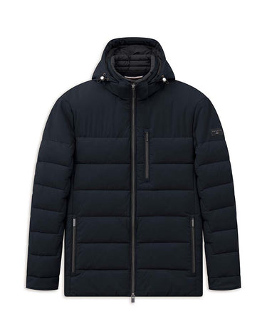 A Bugatti Regular Fit Hooded Jacket, Navy jacket with horizontal quilting, a full front zipper, and zippered hand pockets, shown against a plain white background.