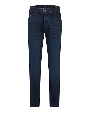 A pair of Bugatti Regular Fit Jeans, Dark Used with a button-up front and a zippered back.