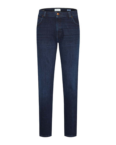 A pair of navy blue Bugatti regular fit jeans with a front view, displaying the brand logo at the waistband.