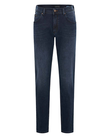 A pair of navy blue Bugatti regular fit jeans with a front view focus on the waist area.