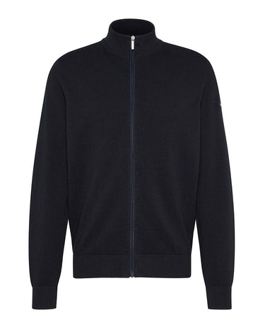 A navy blue Bugatti Zip Through Cardigan, Navy with long sleeves and a mock neckline.