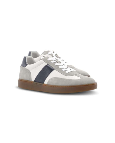 Carl Gross Urs Leather Trainer, Blue Grey with a brown sole on a white background