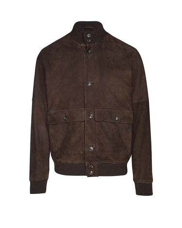 A Eduard Dressler Paul Suede Jacket, Brown with a stand-up collar, button front, and two front flap pockets, shown on a plain white background.