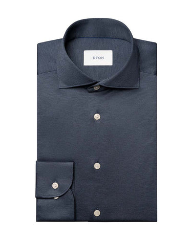 A Eton Filo di Scozia Jersey Slim Fit Shirt with a spread collar, button-down front, and a single cuff with a button, shown on a plain white background. The neck label reads ETON.