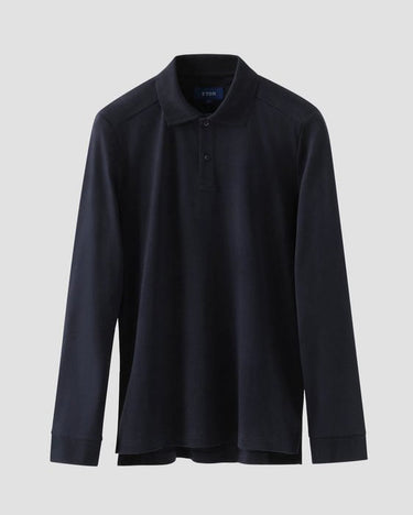 A Eton Interlock Long Sleeve Polo, Navy with a two-button placket, displayed on a neutral light gray background.