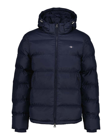 A GANT Active Cloud Jacket, Evening Blue with horizontal quilting, a full-length front zipper, and a small embroidered logo on the left chest, shown against a plain white background.