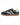 A GANT low-top sneaker in navy blue suede and leather with cream-colored side stripes, a cream heel tab, and a brown gum sole, shown from a side profile on a white background.
