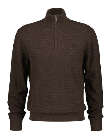 A GANT Herringbone Half Zip Jumper Brown pullover sweater with a stand-up collar and ribbed cuffs and hem, shown on a plain white background.