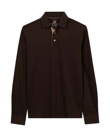 A dark brown Giordano Luke long-sleeve polo shirt with a two-button placket, displayed flat against a solid white background.