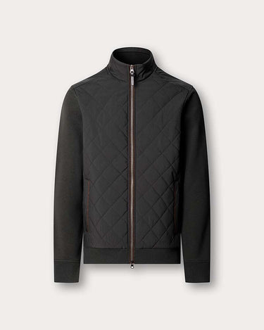 A Hackett Travel Hybrid Full Zip, Hunter Green with a stand collar and ribbed cuffs, displayed on a neutral light gray background.