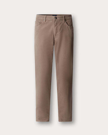 A pair of slim-fit trousers in a muted taupe-brown color, displayed flat against a light off-white background.