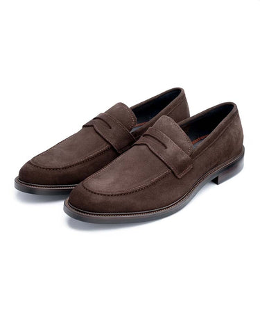 A pair of John White Banff Suede Penny Loafers, Brown with a classic penny strap and decorative stitching, displayed on a clean white background.