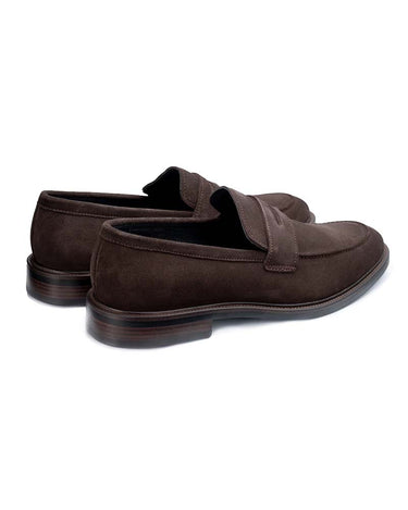 A pair of John White Banff Suede Penny Loafers, Brown with glittery silver straps, shown on a plain white background.
