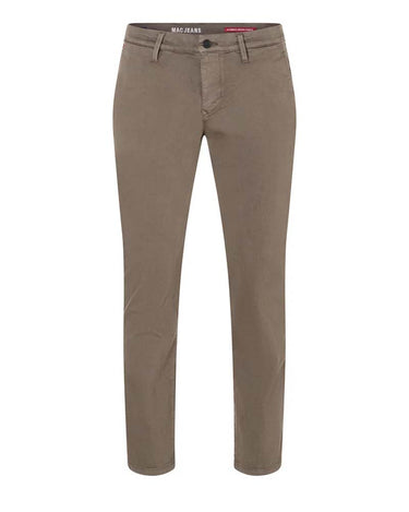 A pair of men's MAC Driver Pants in Chocolate Brown, shown flat against a solid white background. The brand name 'MAC JEANS' is visible on the inner waistband label.